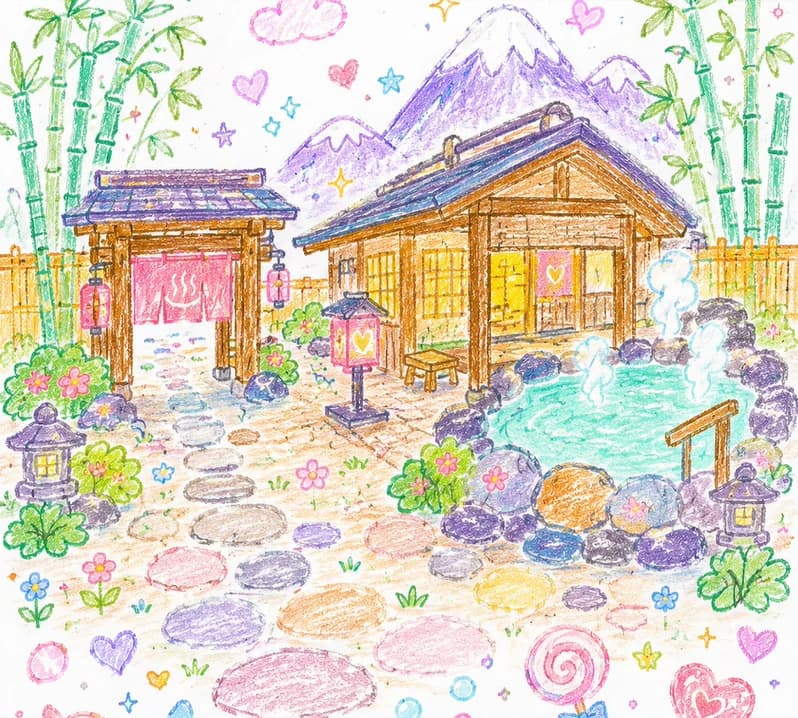 温泉旅馆与雪山的儿童蜡笔画