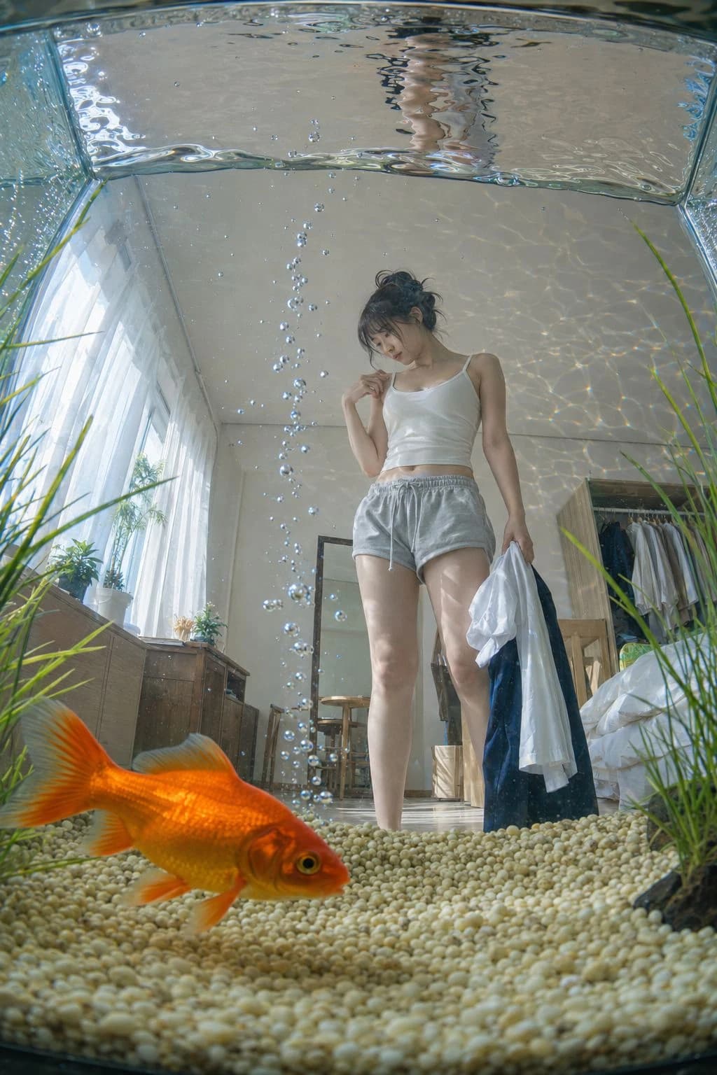 鱼缸后的少女:水下鱼缸实验摄影 · 1