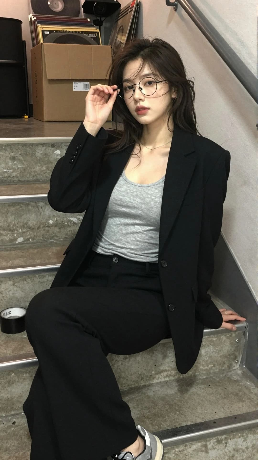唱片公司台阶上的成年女偶像写实肖像