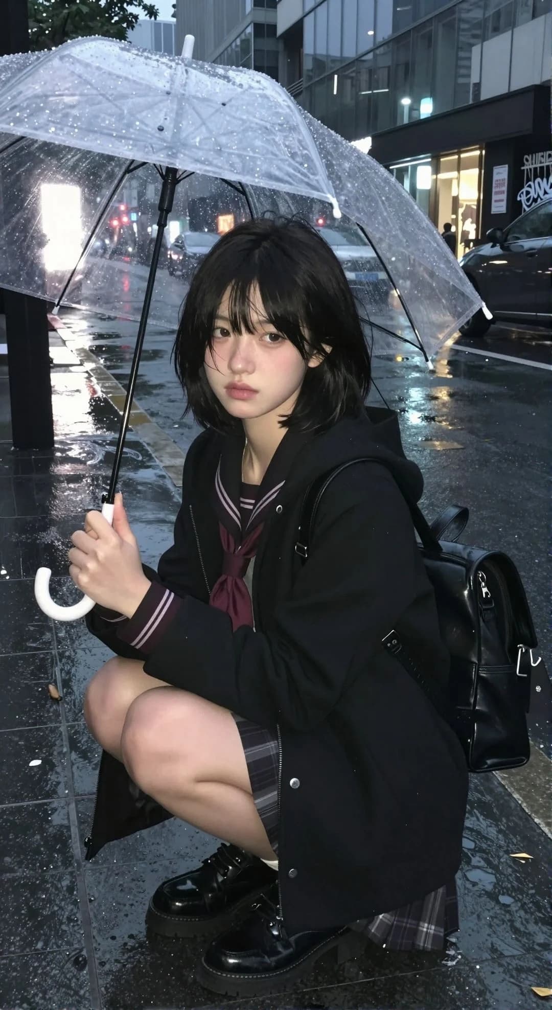 雨夜街边黑发少女写实肖像 · 1