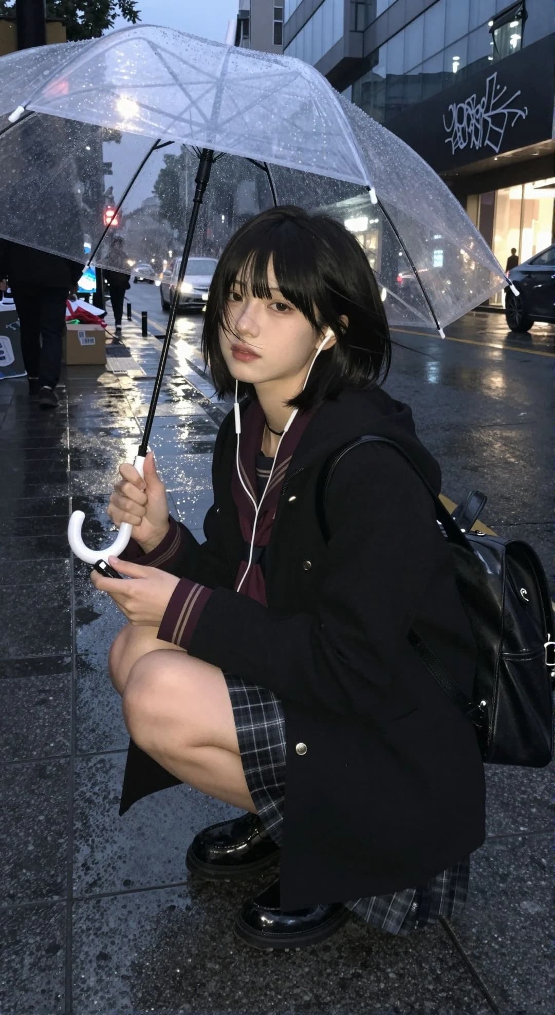 雨夜街边黑发少女写实肖像 · 2