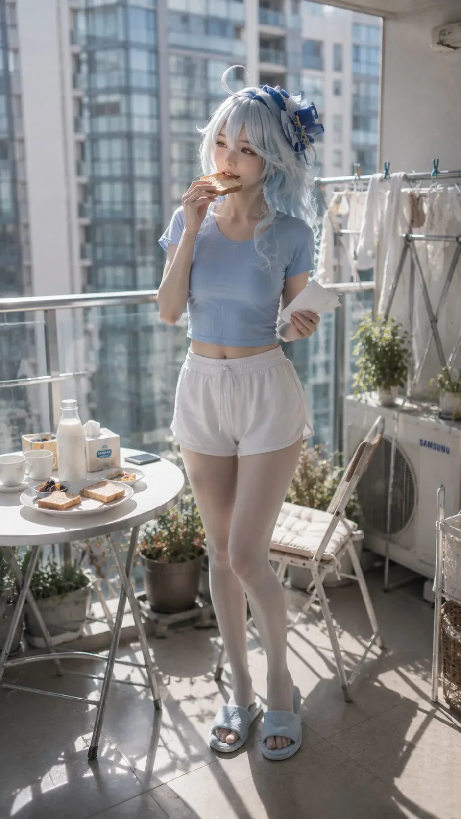 芙宁娜真人 Coser 在现代公寓阳台偷吃早餐的生活纪实照片