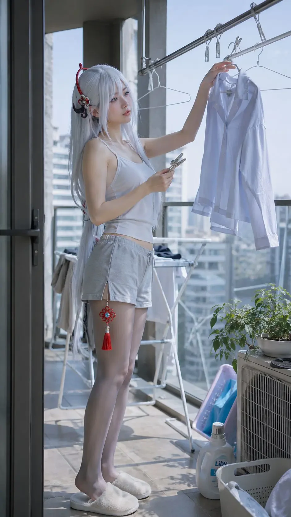 申鹤真人 Coser 在现代公寓阳台晾晒衬衫的清晨生活照片